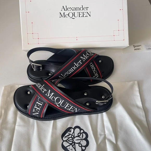 Alexander McQueen $650 Black Silver Crossed Hybrid Men’s Slide Sandals MCQ US 11 - Picture 6 of 11